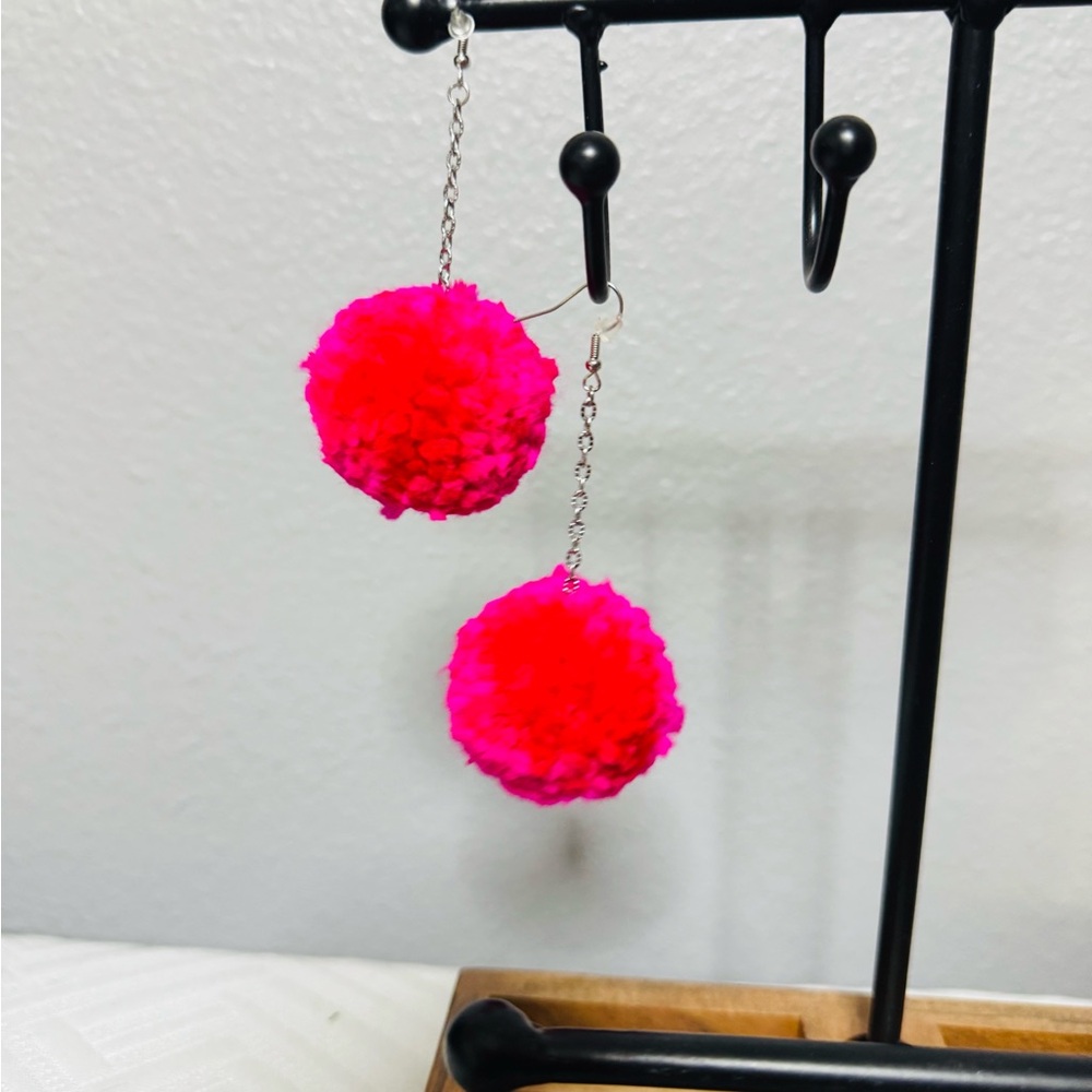 Vibrant Pink Pom Pom Earrings